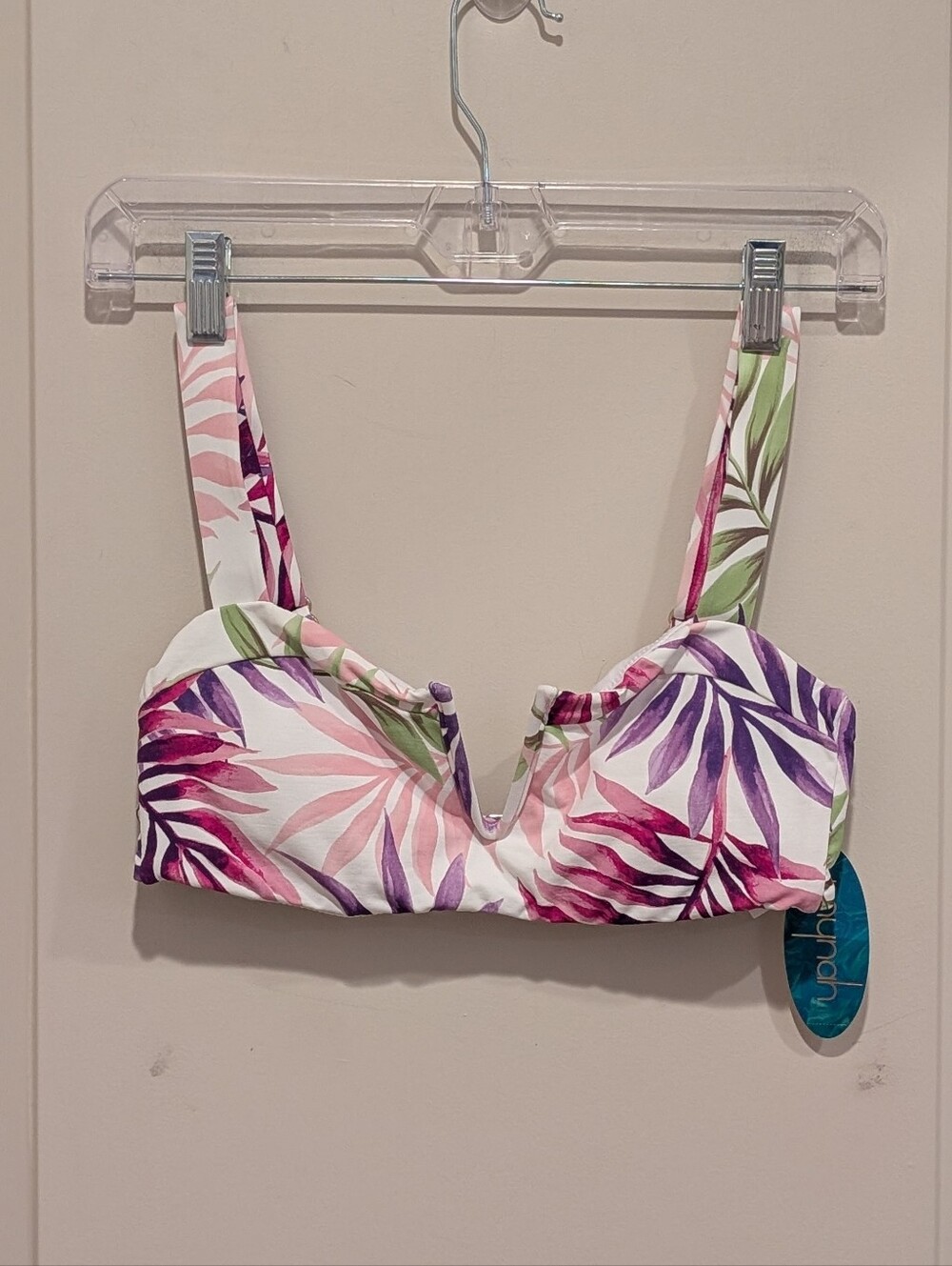 Mynah Tropical Leaf Bikini Top in Pink, Purple & Green Size Small